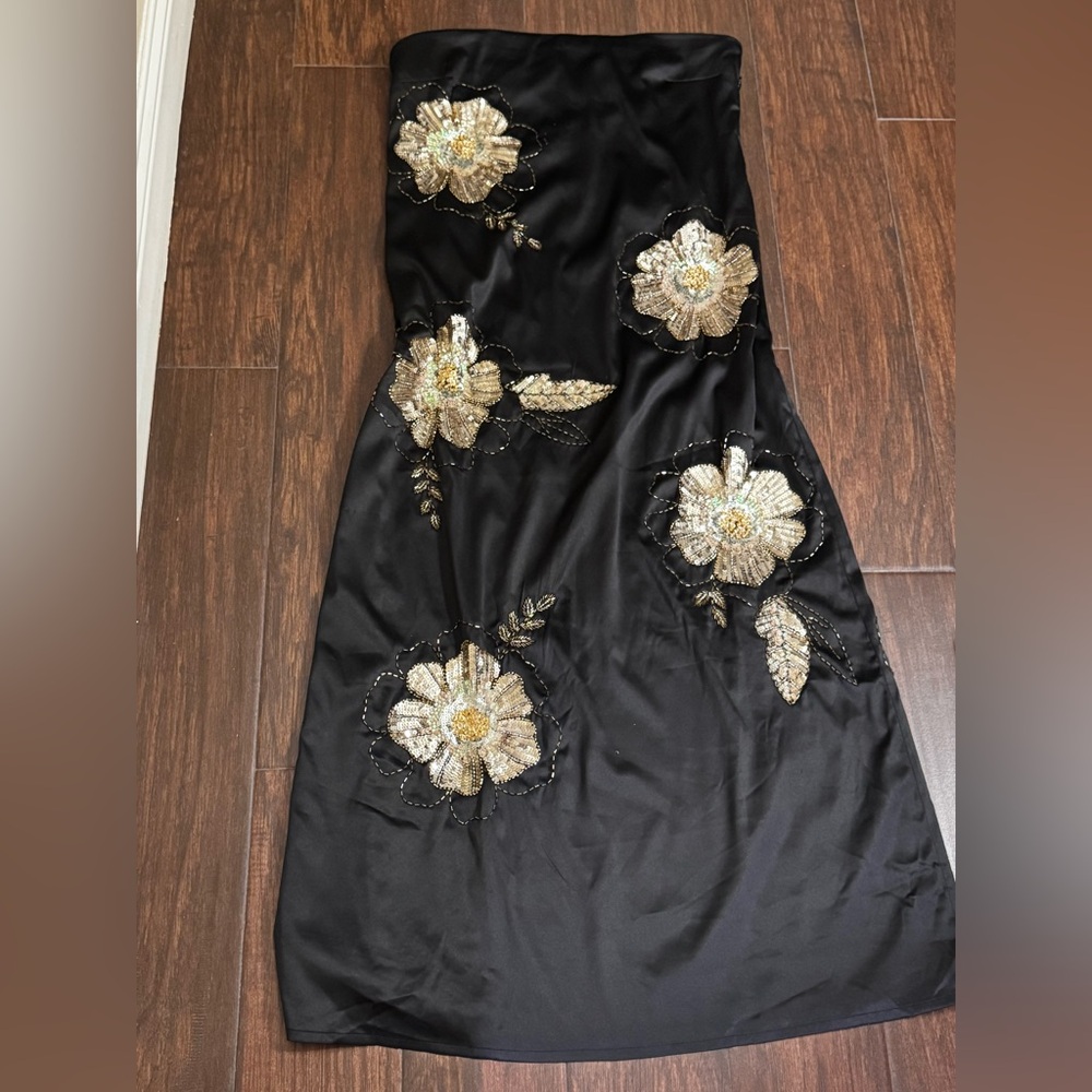Elegant Black Dress with Gold Floral Embellishments